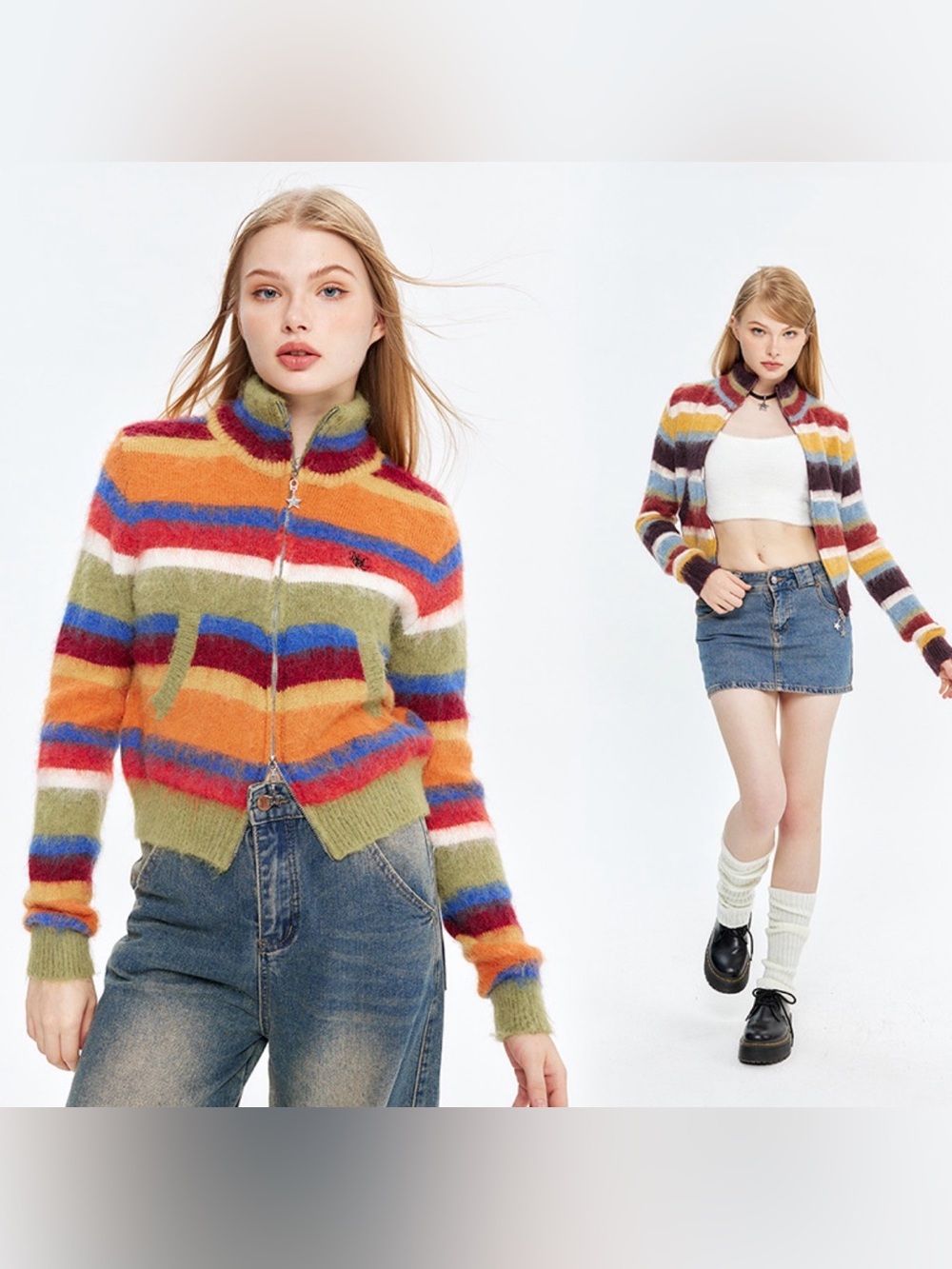 Y2K Style Striped Fuzzy Knit Zip-Up Cropped Cardigan Sweater - NWT Size S